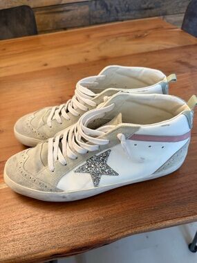 GOLDEN GOOSE White & Gray High-Top Sneakers with Glitter Star Accent